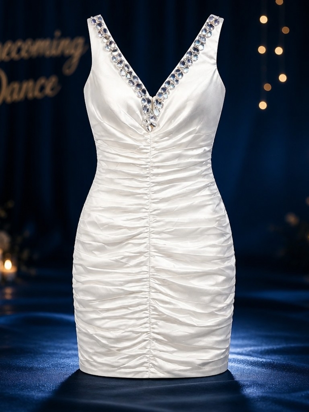 Homecoming Vintage White Y2K Ruched Rhinestone V-Neck Glam Club Mini Dress 4042